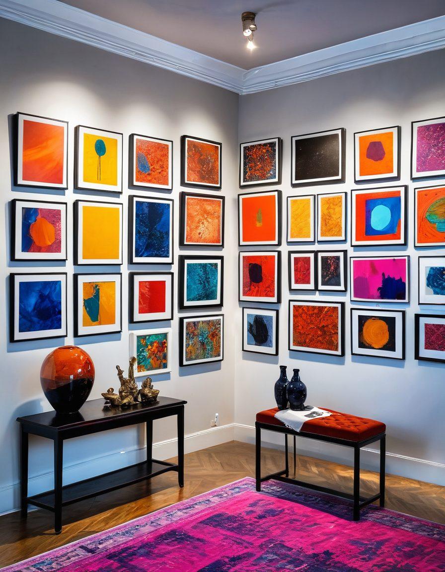 A vibrant art gallery bursting with colorful paintings, featuring stylish modern sculptures and expressive installations. Art enthusiasts are engaging with the artwork, taking notes and discussing their favorite pieces. The gallery walls are adorned with intriguing light fixtures and eclectic decor, creating a lively and inspiring atmosphere. The scene conveys a sense of exploration and creativity. super-realistic. vibrant colors. dynamic composition.