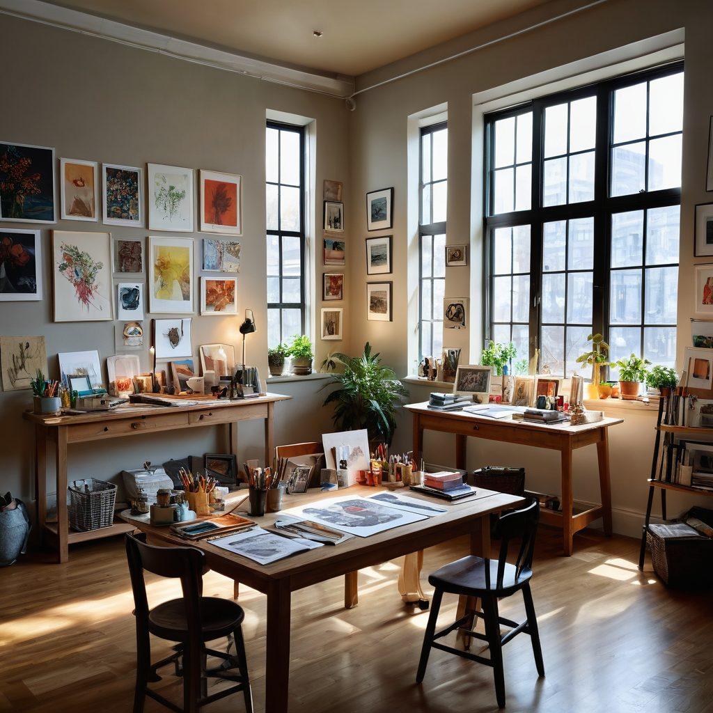 A creative workspace filled with art supplies, sketches, and canvases, elegantly arranged with a spotlight illuminating a colorful gallery display. Include a diverse group of artists in the background discussing their work passionately, showcasing various art styles on the walls. Soft natural light enters through large windows, highlighting the vibrant colors of the artwork. super-realistic. vibrant colors. cozy atmosphere.