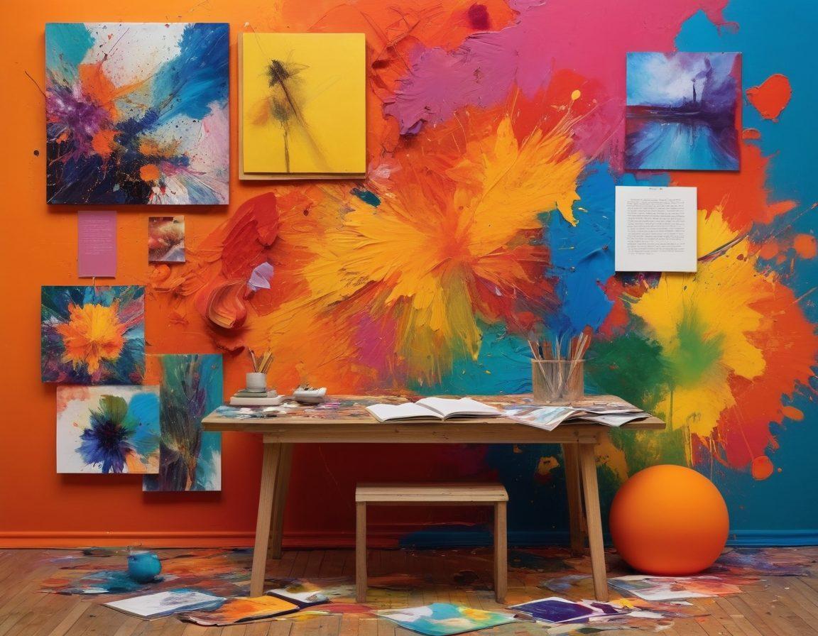 A visually engaging collage of art pieces from various artistic exhibitions, including abstract paintings, sculptures, and photography, set against a background of vibrant splashes of color. Incorporate a person with an inspired expression, taking notes or sketching in a notebook, surrounded by art critiques and exhibition reviews floating around them. The overall atmosphere should be energetic and creatively stimulating. super-realistic. vibrant colors. 3D.